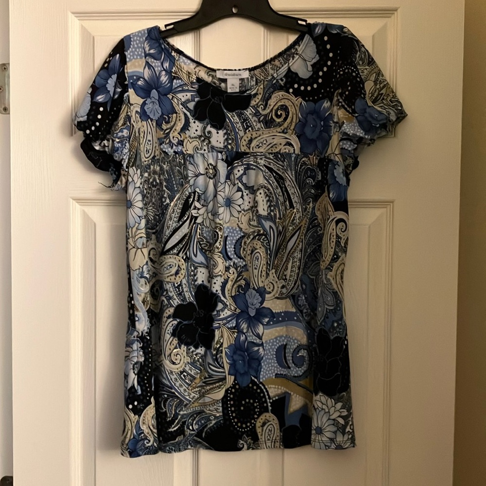 Dress Barn Women's Top - Blue, Gold and White Floral Paisley Print - Size XL